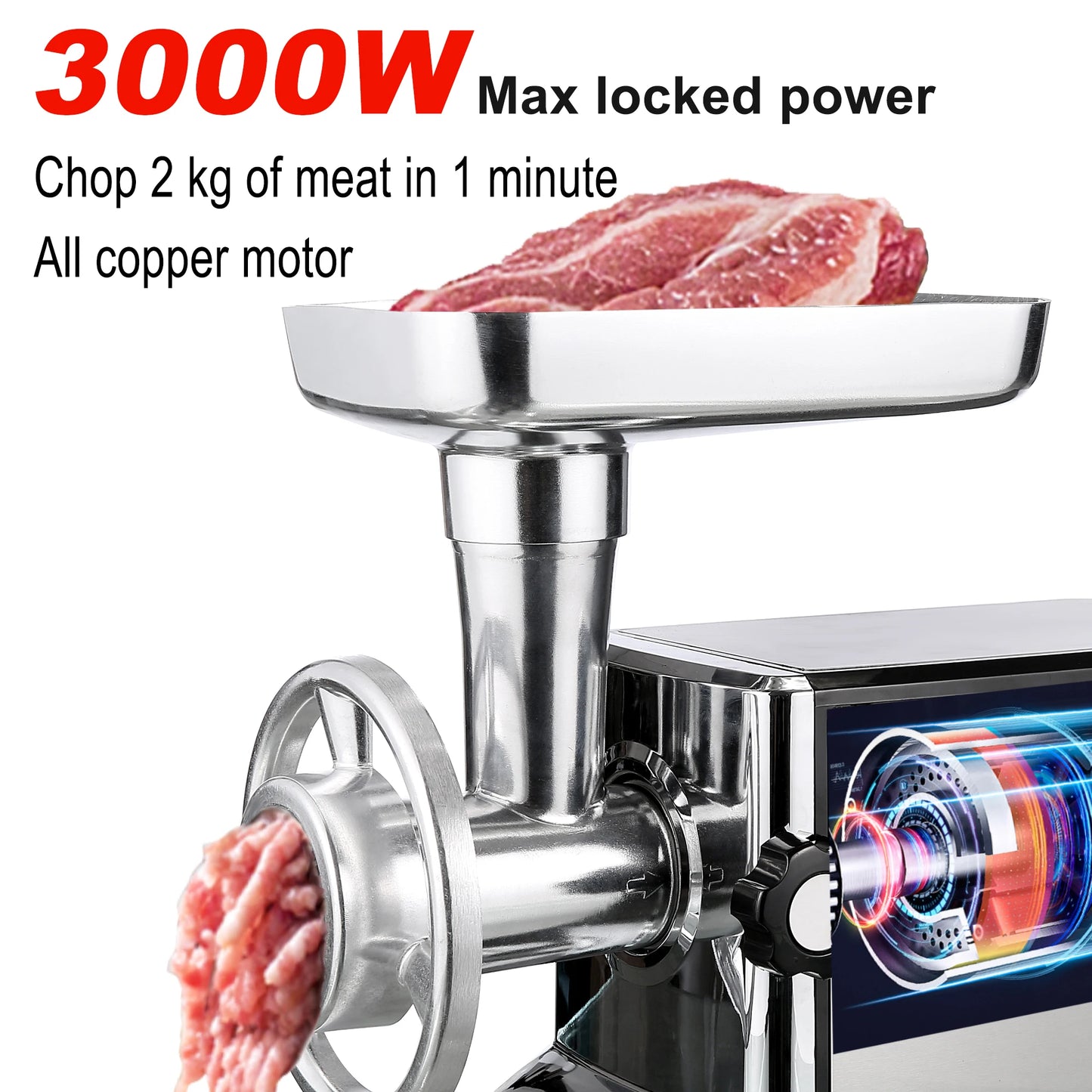 SONIFER Heavy Duty Meat Grinder – 3000W Max Power, Stainless Steel Mincer with Sausage Maker