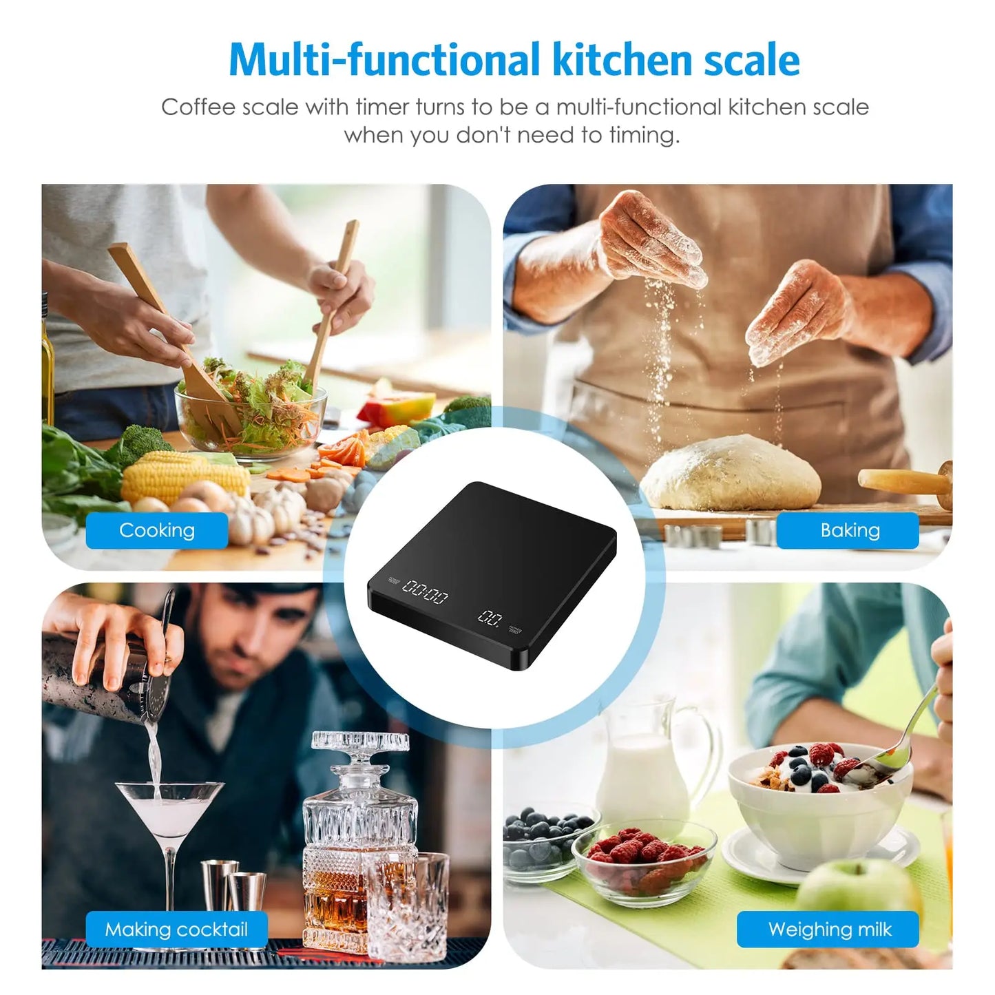 High Precision Coffee Scale 0.1g – 3kg Digital Espresso Scale with Dual Timer & LED Display