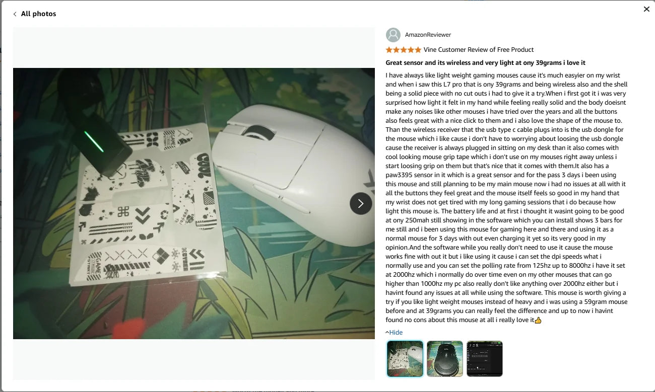 L7 Series Wireless Mouse – PAW3395 Sensor, 8K Receiver, Ultra-Lightweight