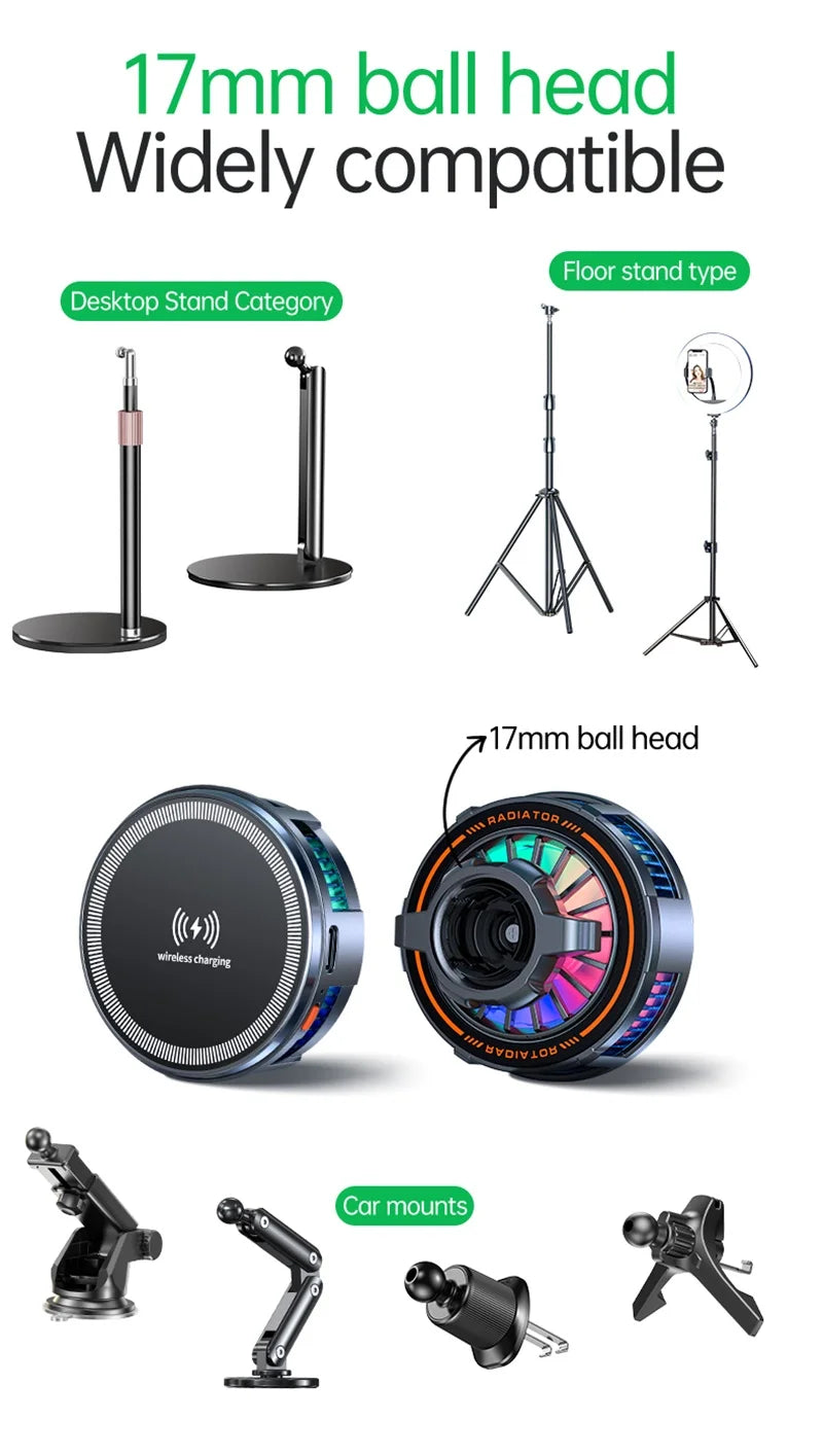 15W Magnetic Wireless Charger Car Mount with Semiconductor Cooling & RGB