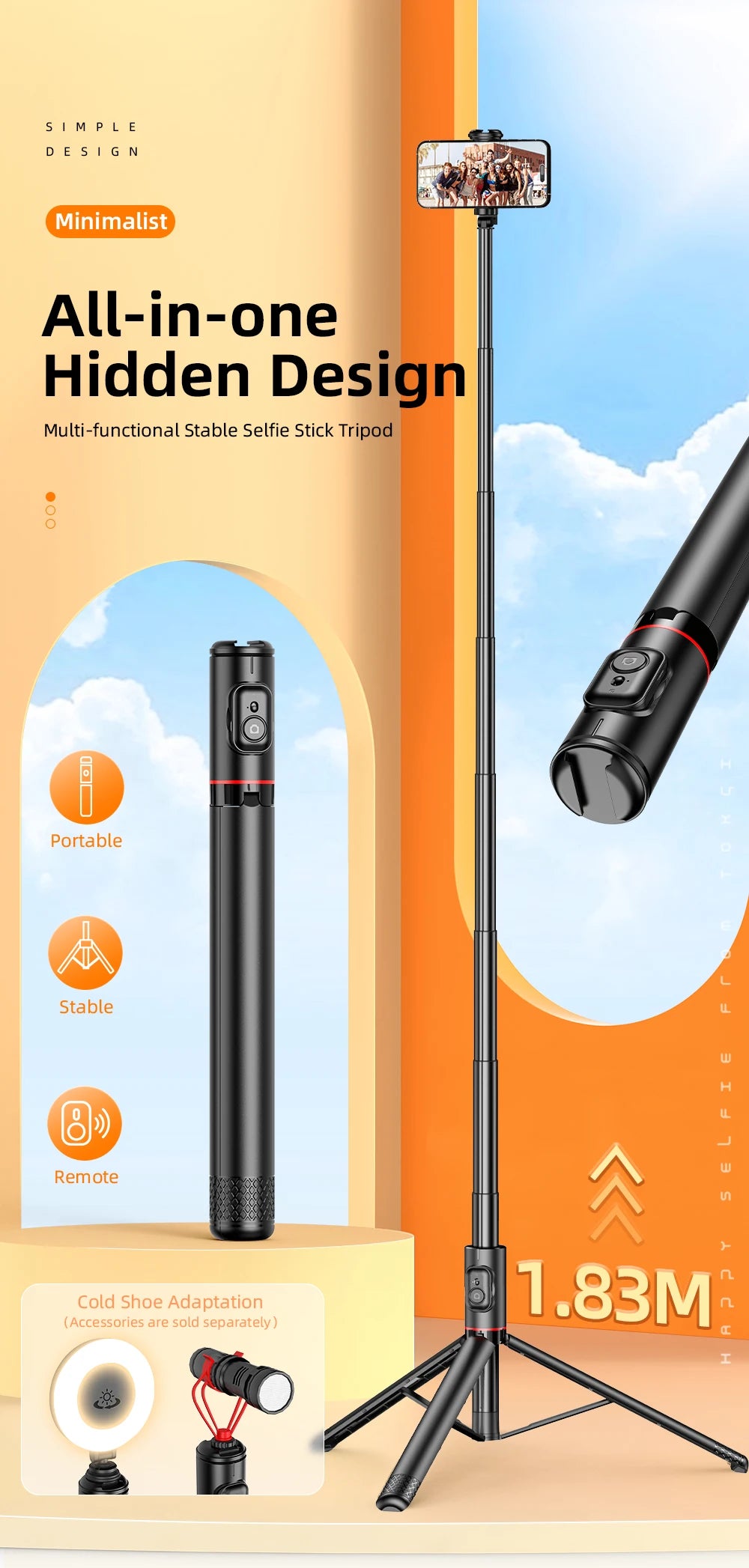 Selfieshow 1.83m Bluetooth Selfie Stick Tripod with Remote – Hidden Design, Stable & Portable