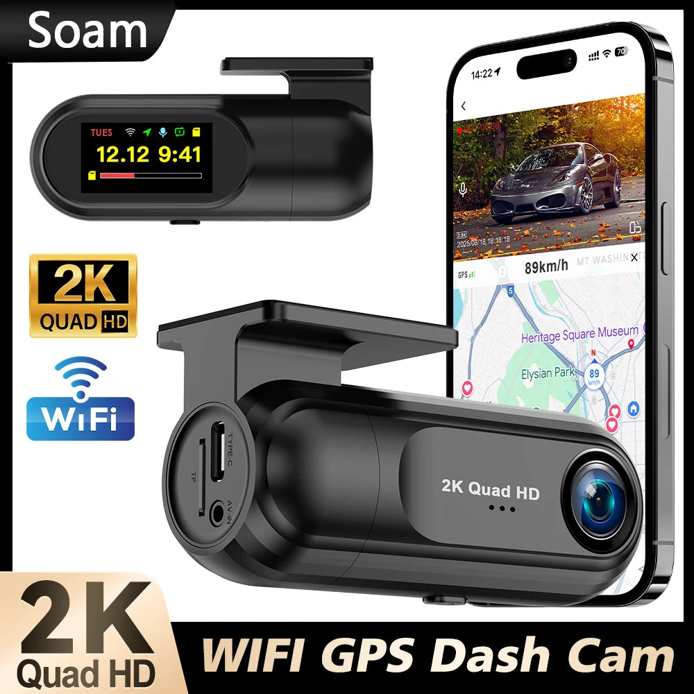 Soam 2.5K WiFi Dash Cam with GPS & Parking Monitor – 1440P Night Vision DVR