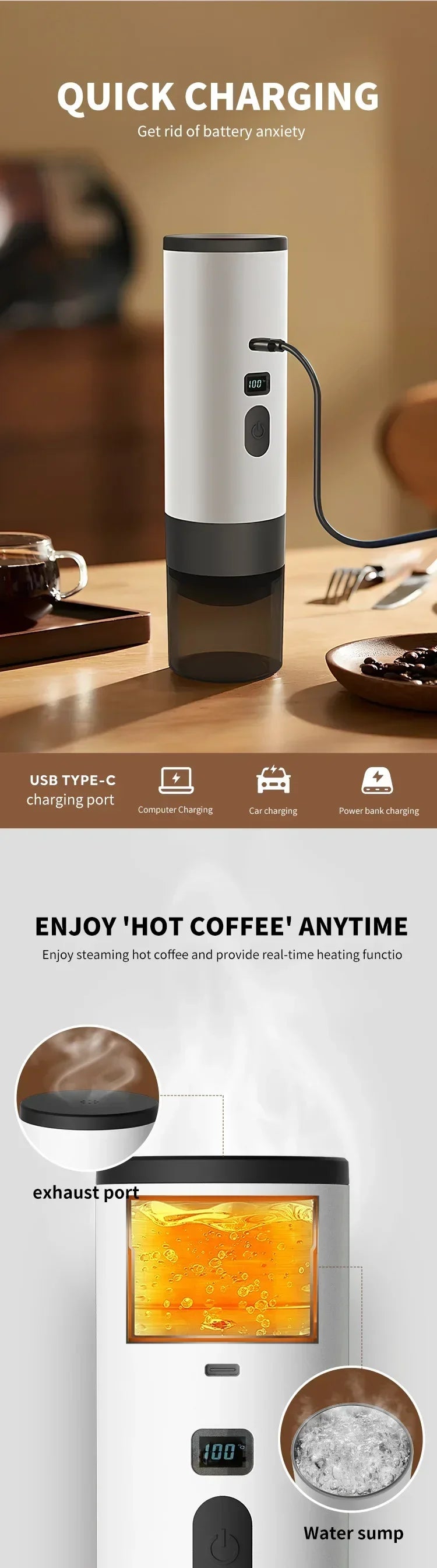 TINSOL Rechargeable Coffee Maker – Wireless Heating, 90ml Water Tank, Camping & Travel Use