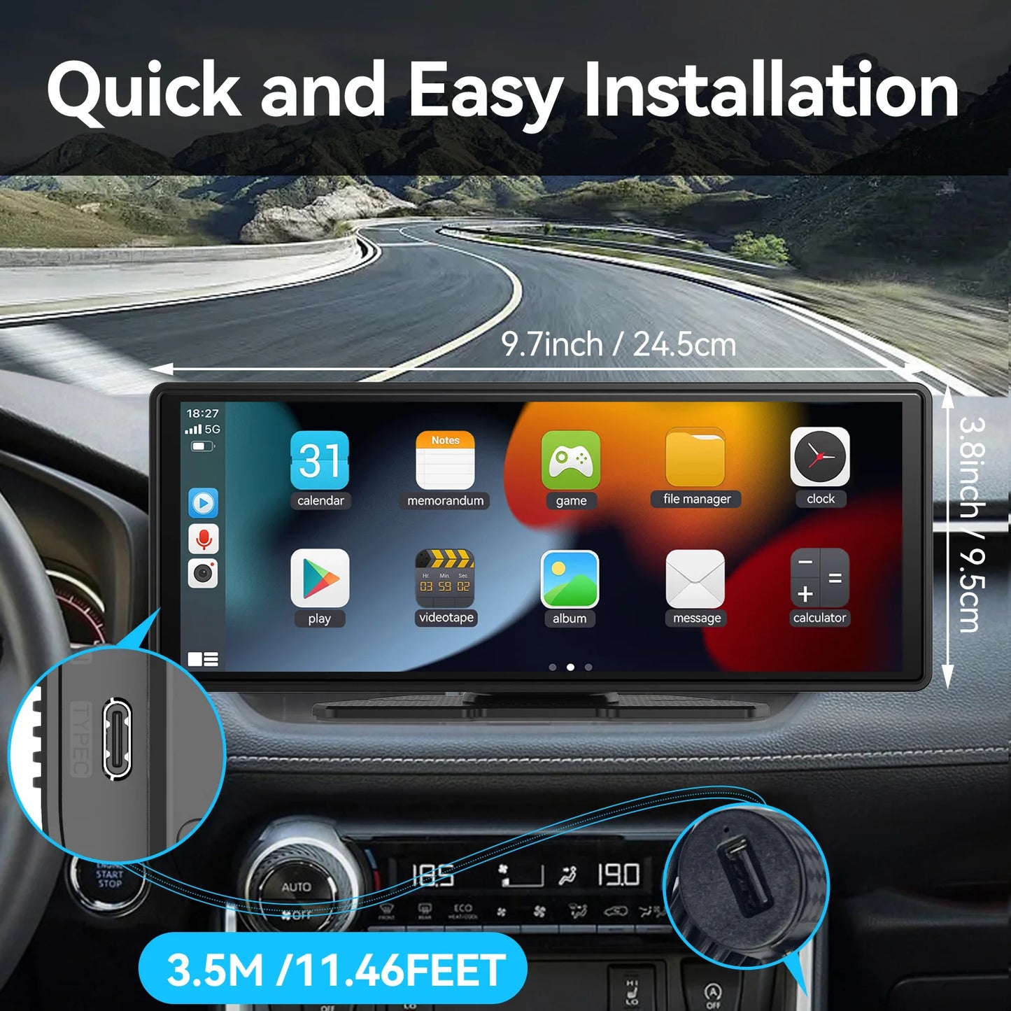 Pionray 10.26” Portable Wireless CarPlay & Android Auto Screen with Dual Camera Support