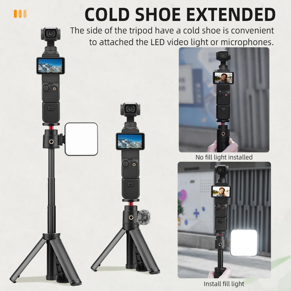 Adjustable Selfie Stick Tripod – Mini Table Tripod with Cold Shoe for GoPro & Insta360