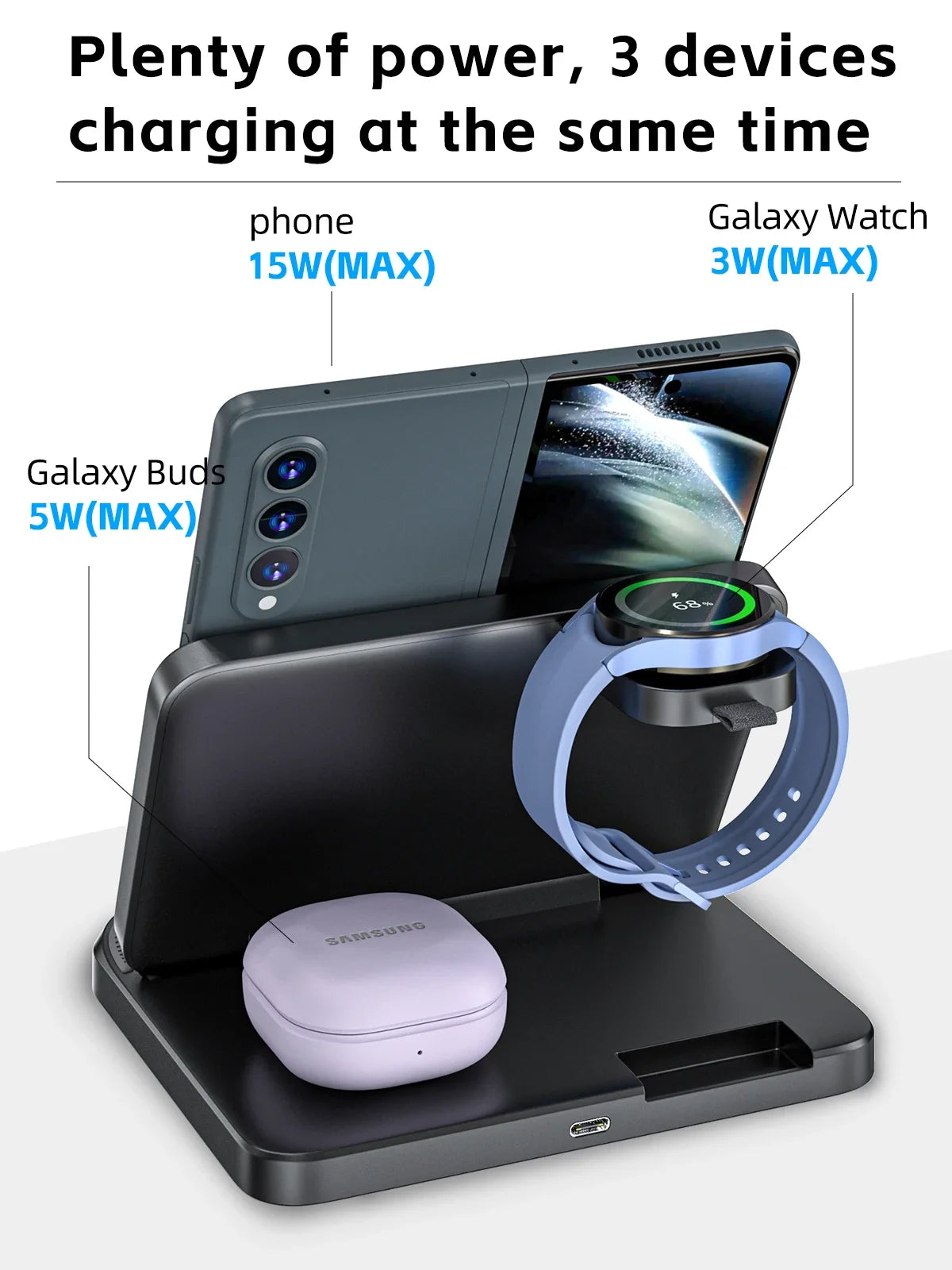 VIKEFON Foldable 3-in-1 Wireless Charger with Cooling Fan for Samsung Devices