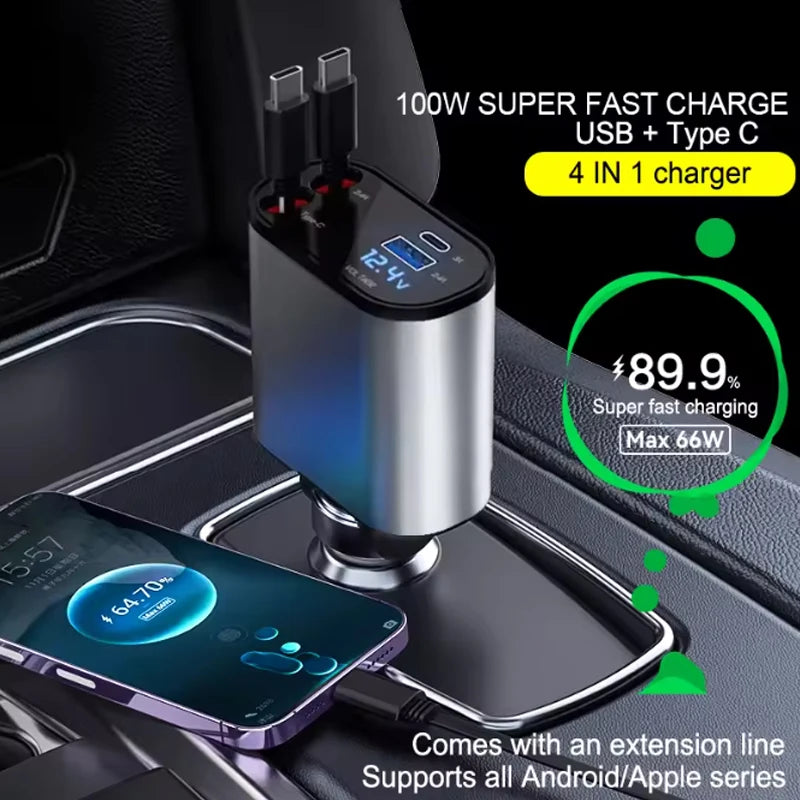 4-in-1 Retractable Car Charger with Starry Sky Ambient Light – USB-C Fast Charging & Dual Built-In Cables (12–24V Universal)