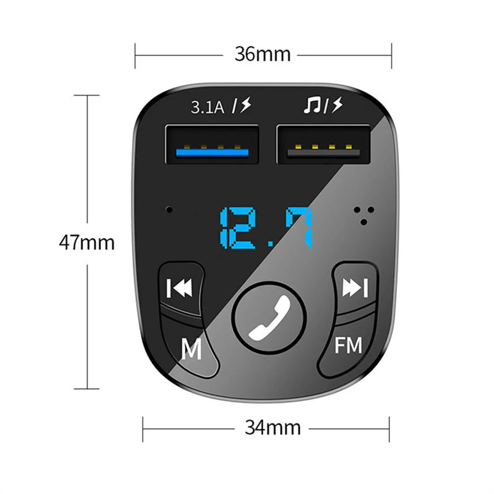 Bluetooth 5.0 Car FM Transmitter with Dual USB Fast Charging, Hands-Free Calls & LED Voltage Display (12V–24V)