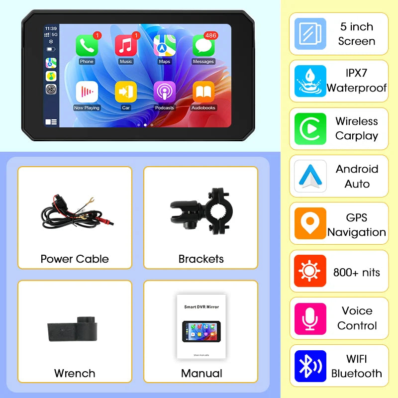 Jansite 5” IPX7 Motorcycle / Car Smart Display – Wireless CarPlay, Android Auto & MirrorLink