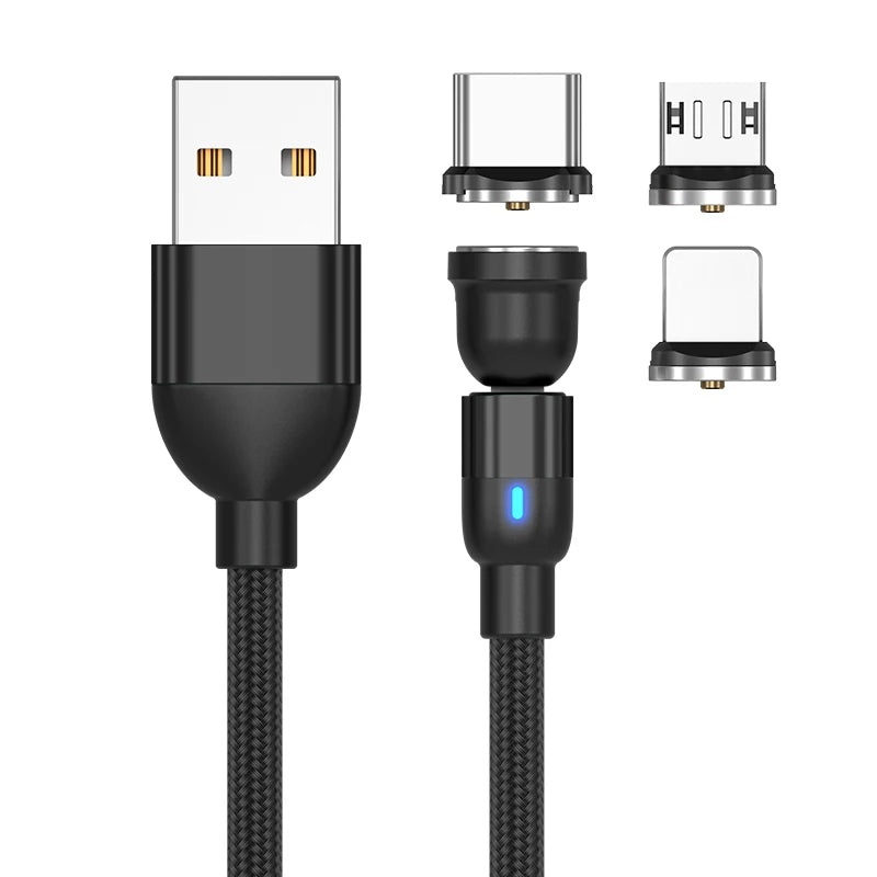 540° Rotating Magnetic Charging Cable | 3-in-1 USB-A to Type-C / Micro USB / Lightning