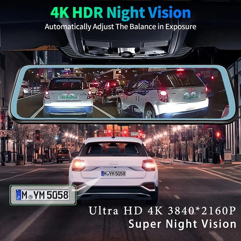 10″ 4K Car DVR Touch Screen with Wireless CarPlay & Android Auto – Front & Rear Dash Cam