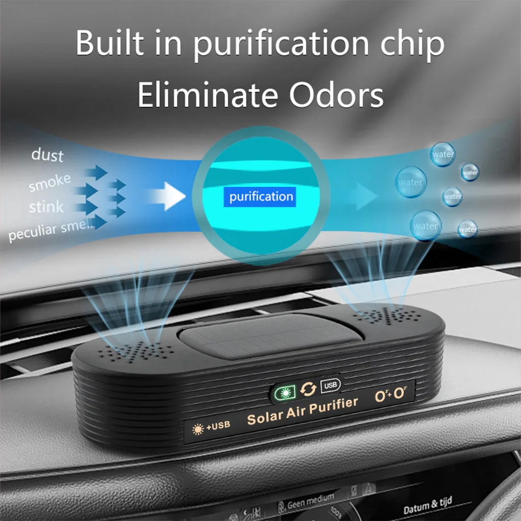 Solar USB Car Air Purifier – Dual-Mode Ion & Active Oxygen Ozone Cleaner with Auto Power Switch