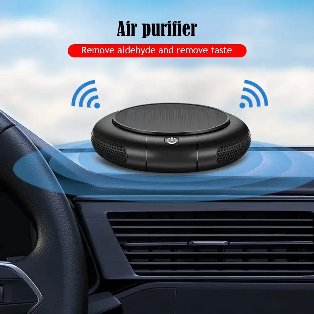 Solar USB Car Air Purifier with Ozone & Negative Ion Deodorization – Dual HEPA Purification (360° Clean Air)
