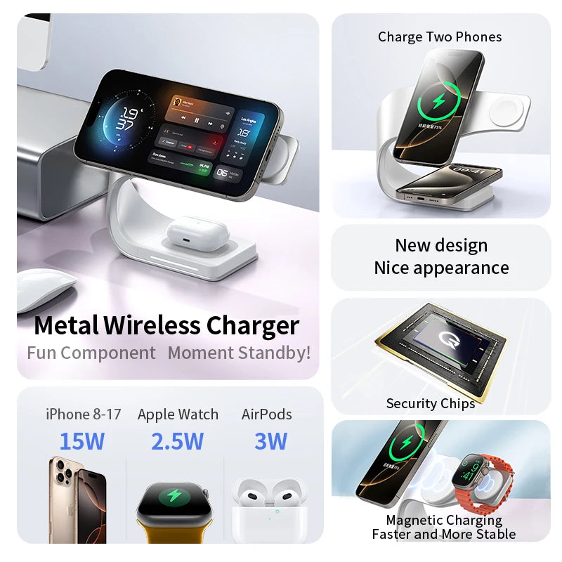 4-in-1 Metal Magnetic Wireless Charger 15W for iPhone, Watch & AirPods