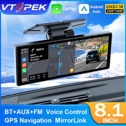 Vtopek 7″ / 8.1″ Smart Car DVR Screen – 2.5K Front & 1080P Rear Dash Cam, Wireless CarPlay & Android Auto, GPS & Voice Control
