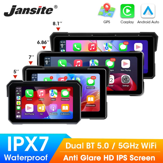 Jansite Portable Motorcycle CarPlay Screen – Dual Bluetooth, WiFi, IPX7 Waterproof