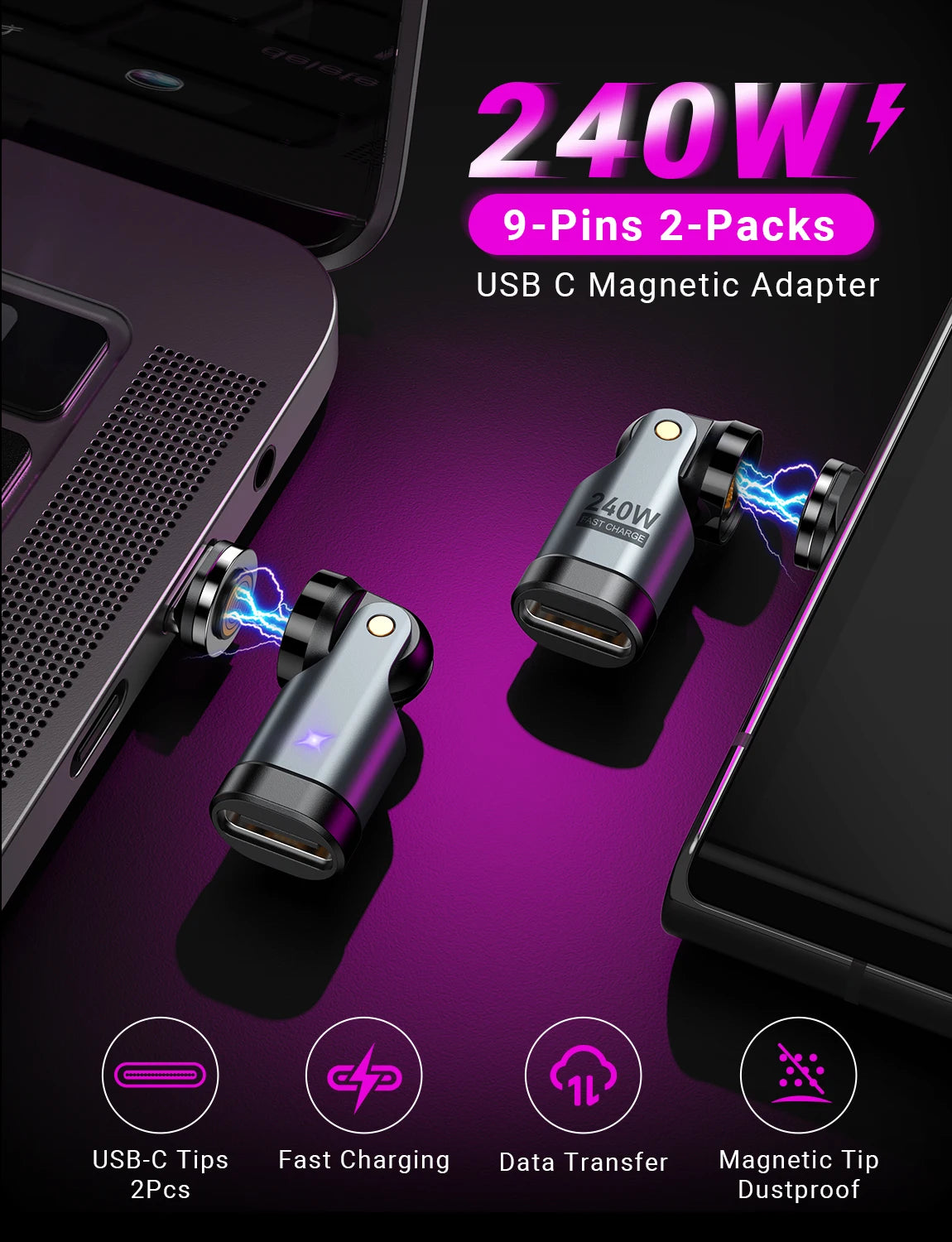 Magnetic Type-C Adapter 9-Pin | PD 240W Fast Charge & Data Transmission