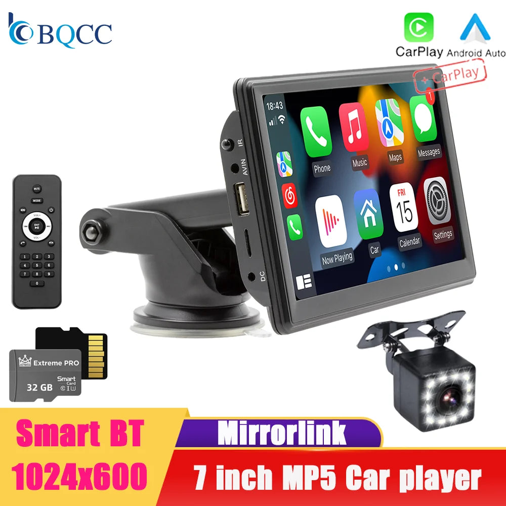 BQCC 7” Portable Wireless CarPlay & Android Auto MP5 Car Playe
