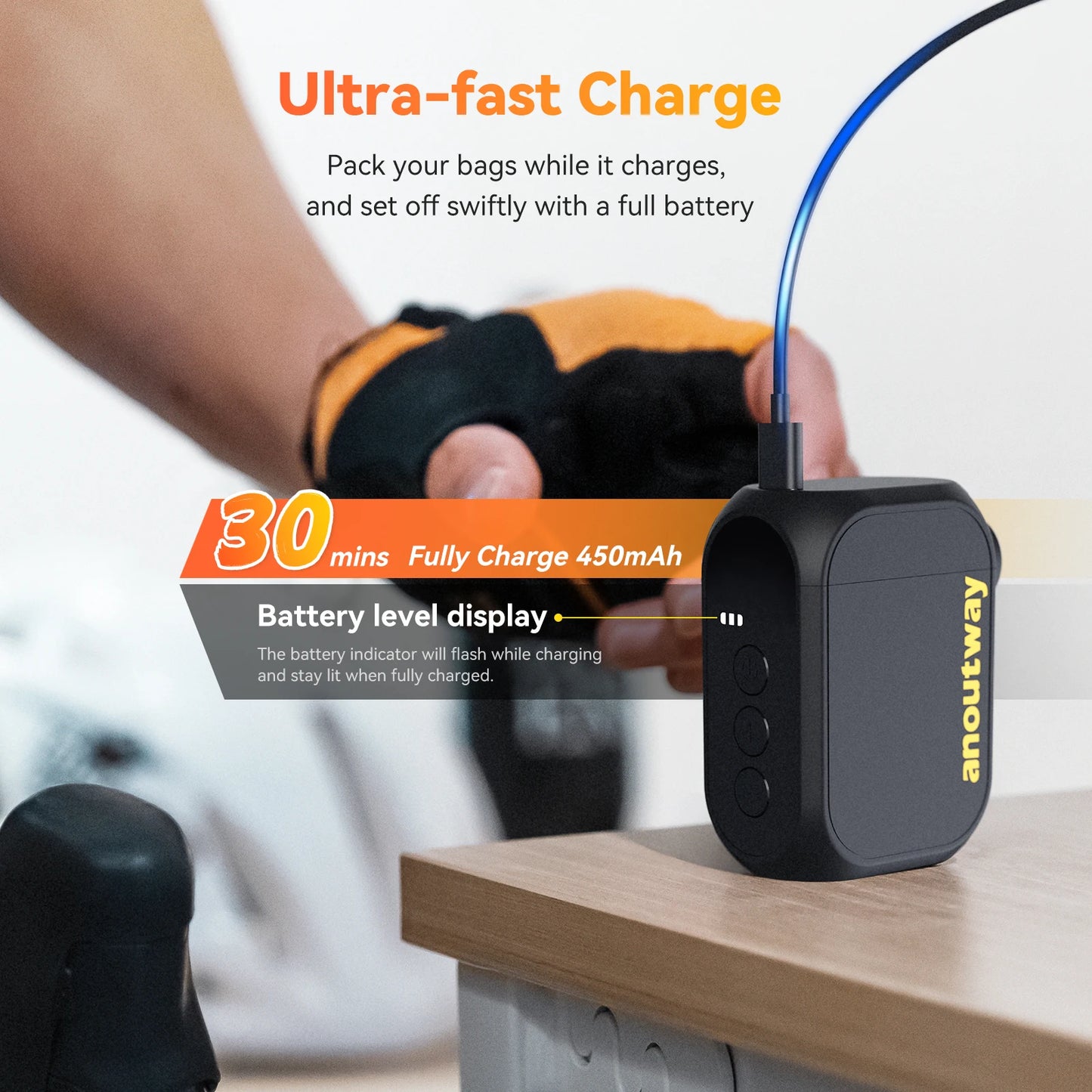 Anoutway AT1 Pro Mini Electric Bike Tire Inflator 120PSI Cordless Pump with Digital Display & Type-C Fast Charging