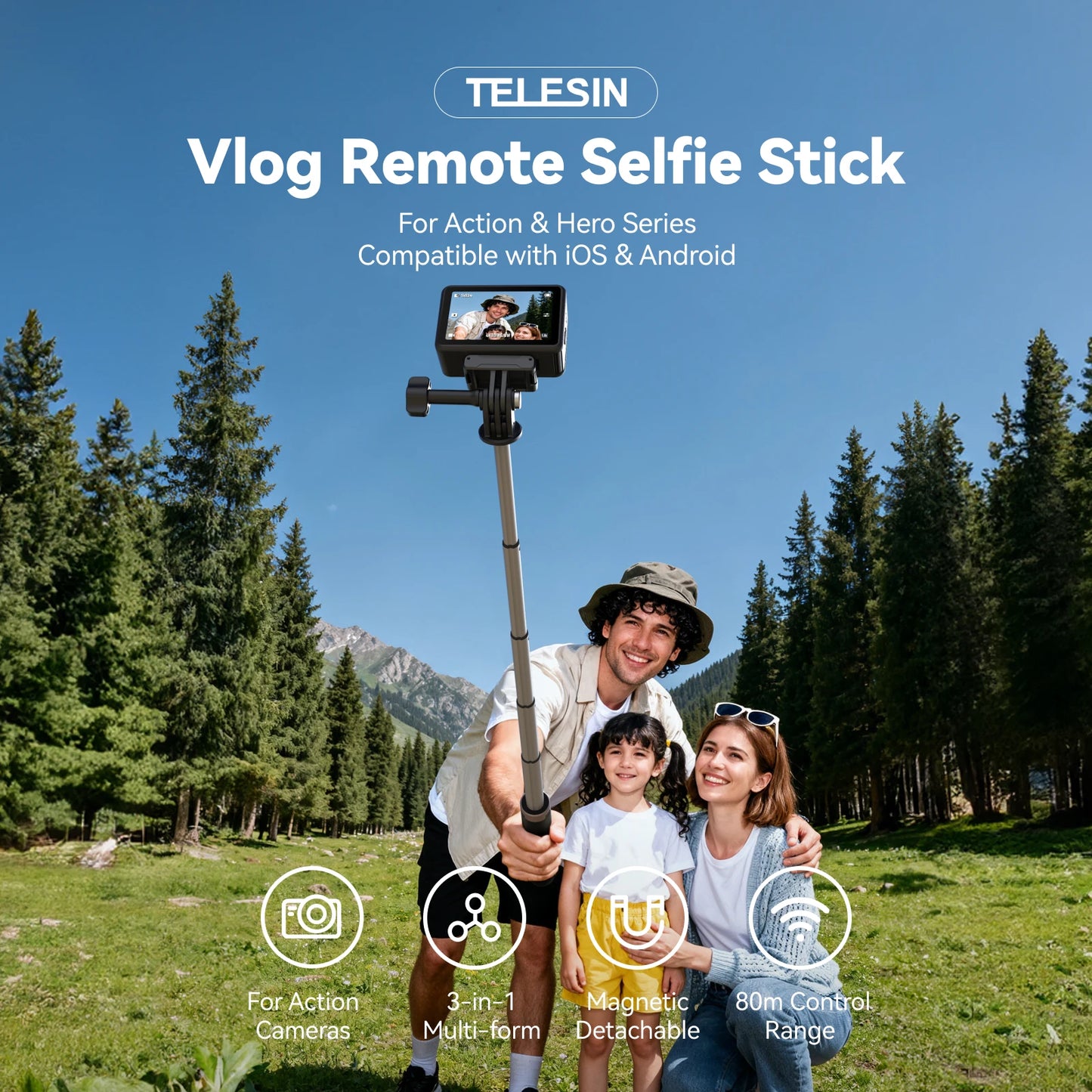 Long-Range 80m Remote Selfie Stick Tripod for Action Cameras & Phones
