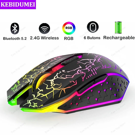 Bluetooth 5.2 & 2.4G Wireless Gaming Mouse – Rechargeable, Silent Click, 6-Button
