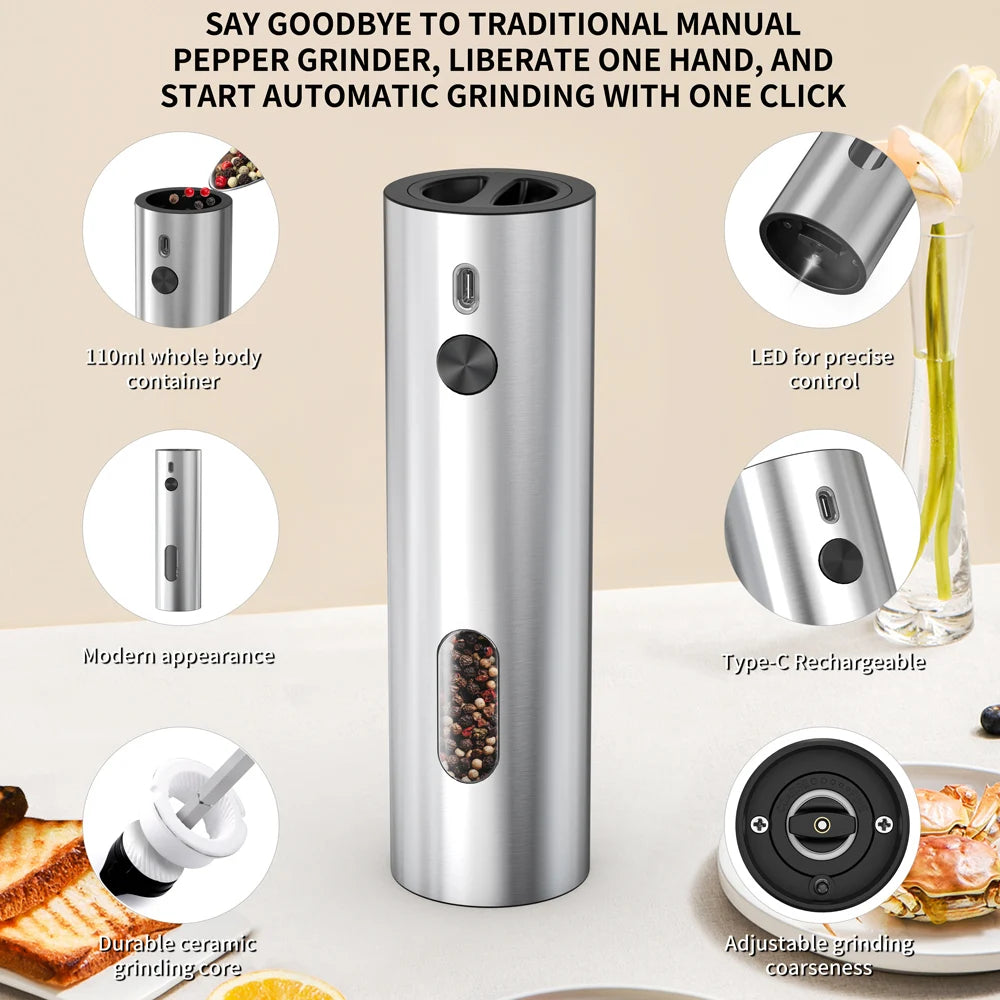 Electric Salt & Pepper Grinder Set – USB Rechargeable Stainless Steel Mills with 6-Level External Coarseness & LED Light (110ml)