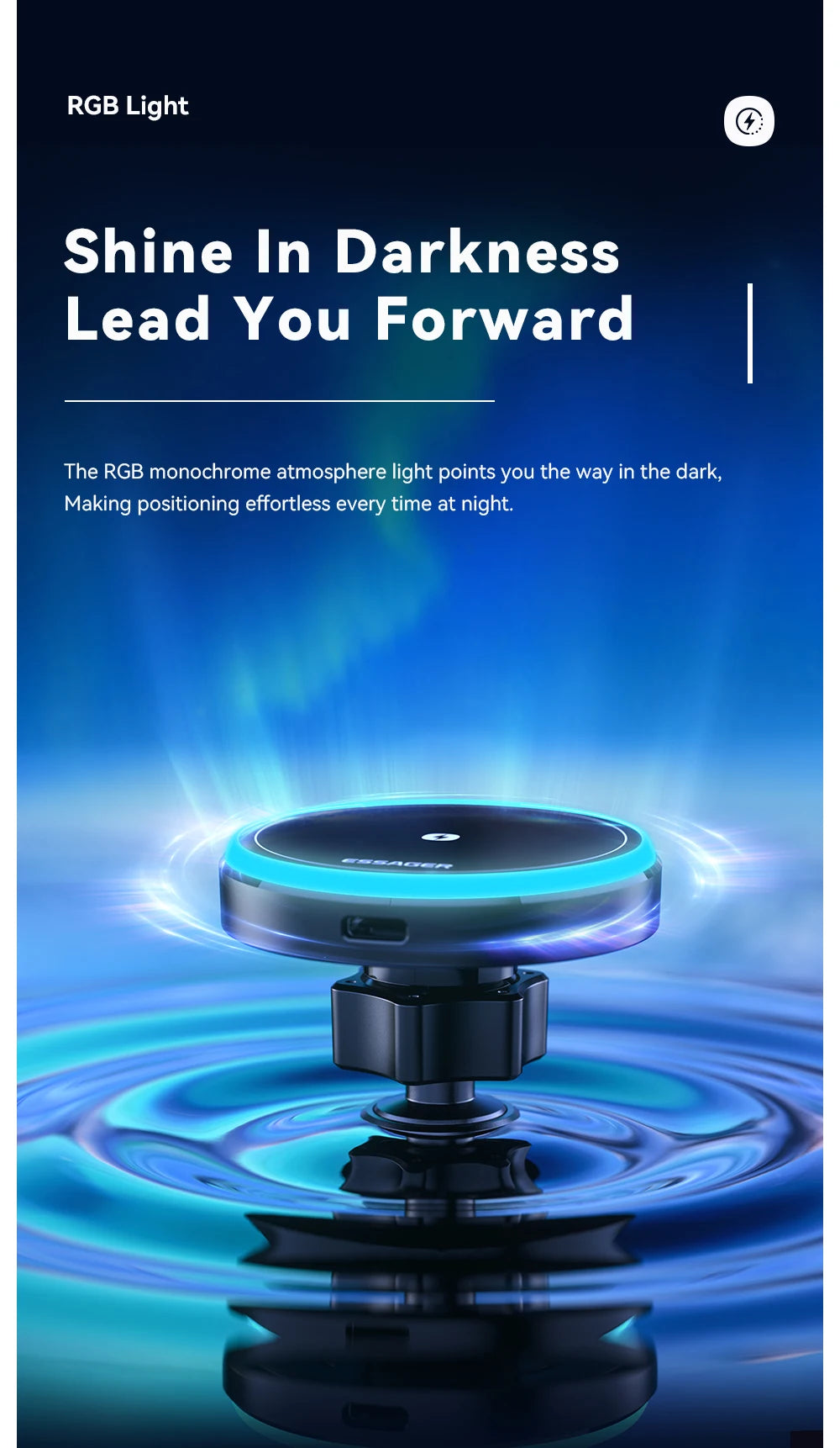 ESSAGER 15W Magnetic Wireless Car Charger with RGB Light – iPhone & Android
