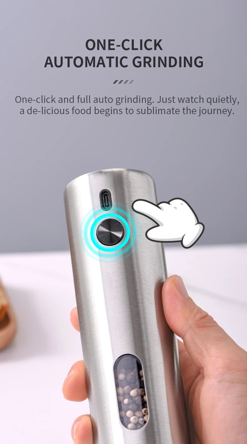 FLYMUYU Electric Salt & Pepper Grinder – Rechargeable Stainless Steel Spice Mill with Adjustable Coarseness & LED Light