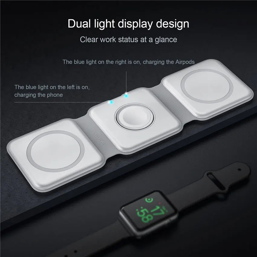 VIKEFON 3-in-1 Magnetic Wireless Charger 15W | Foldable Fast Charging Stand for iPhone, Apple Watch & AirPods