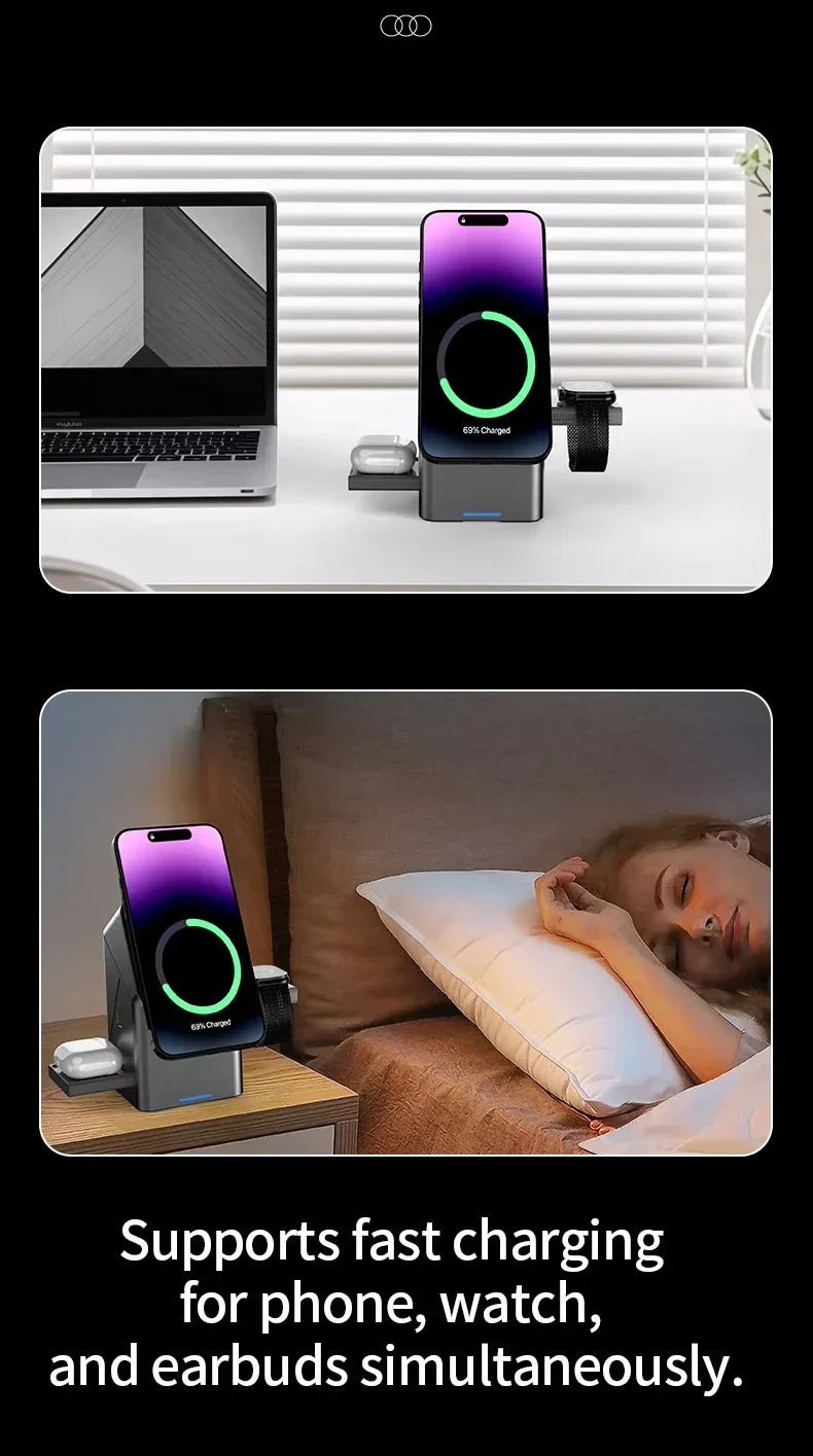3-in-1 Automatic Magnetic Wireless Charging Stand – iPhone, Watch & AirPods