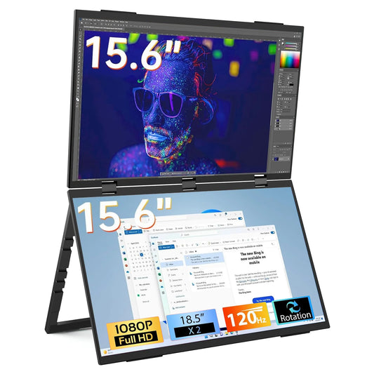 15.6″ Folding Dual Monitor | FHD IPS 1080P | USB-C Portable Display | Built-in Speakers