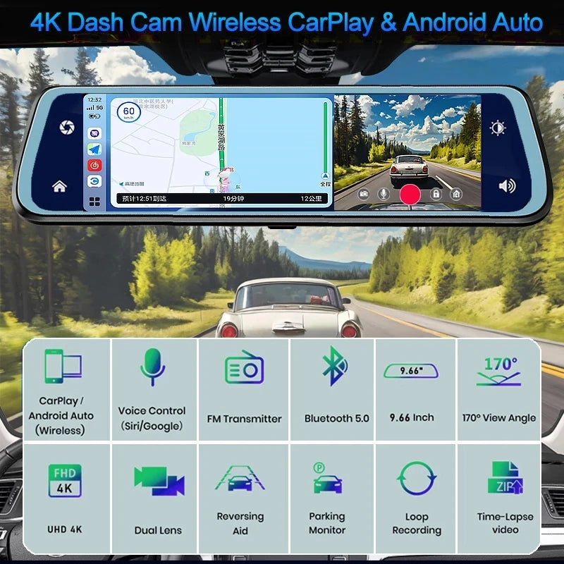 10″ 4K Car DVR Touch Screen with Wireless CarPlay & Android Auto – Front & Rear Dash Cam