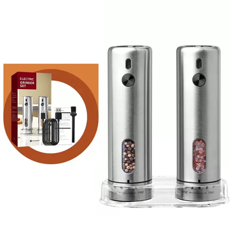 FLYMUYU Electric Salt & Pepper Grinder – Rechargeable Stainless Steel Spice Mill with Adjustable Coarseness & LED Light