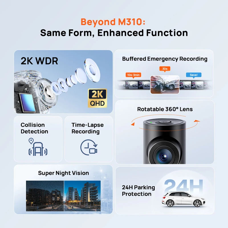 70mai M310 Plus 2K Dash Cam – 1440P WiFi Car DVR with Voice Control & 24H Parking Guard