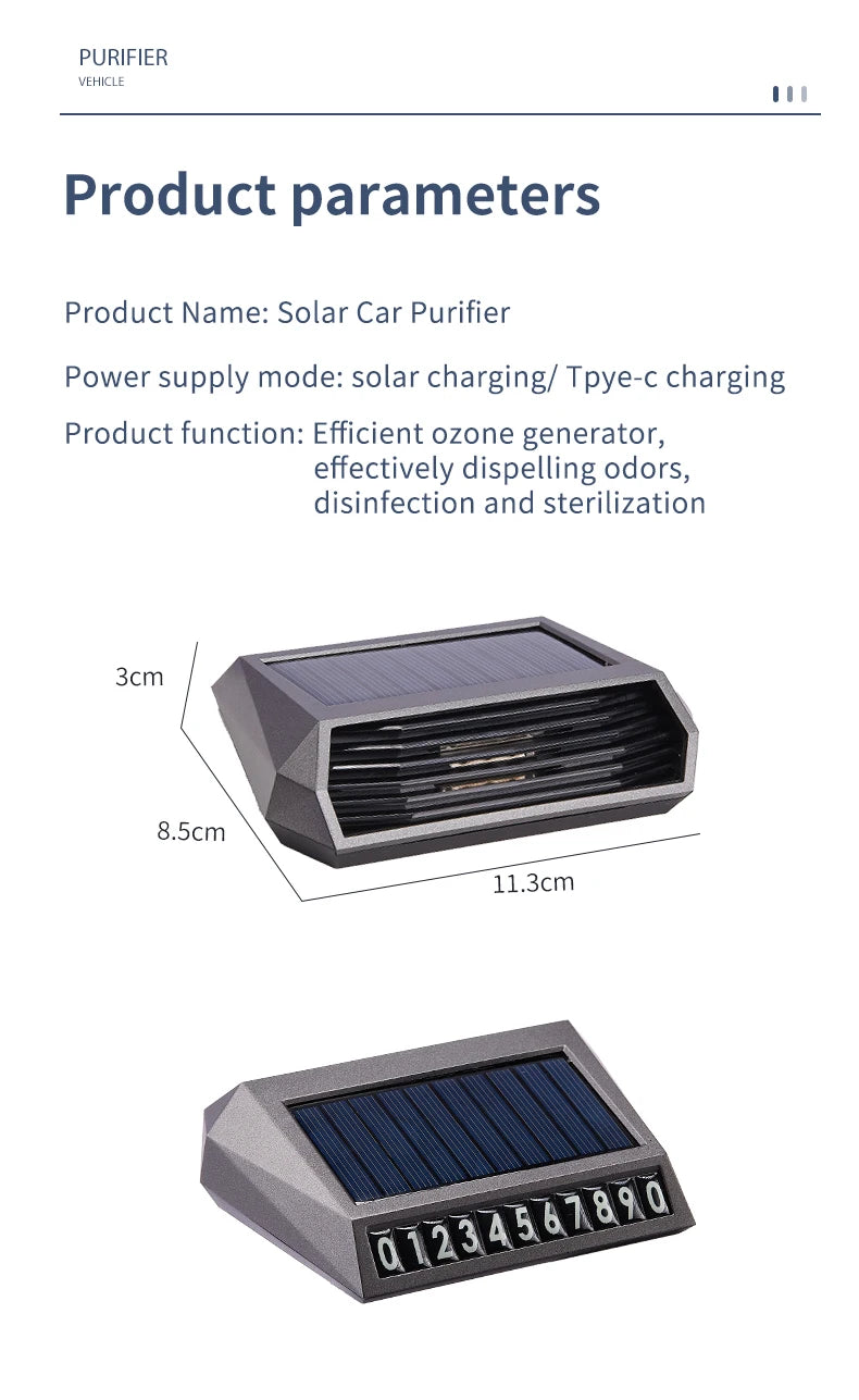 Kebidumei Solar Car Air Purifier with Type-C Charging – Auto Start/Stop Negative Ion & Active Oxygen Deodorizer