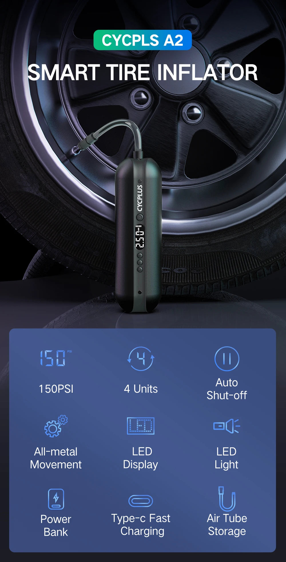CYCPLUS Portable Air Pump 150PSI Smart Electric Inflator for Car, Bike, Motorcycle & Ball with Type-C Charging