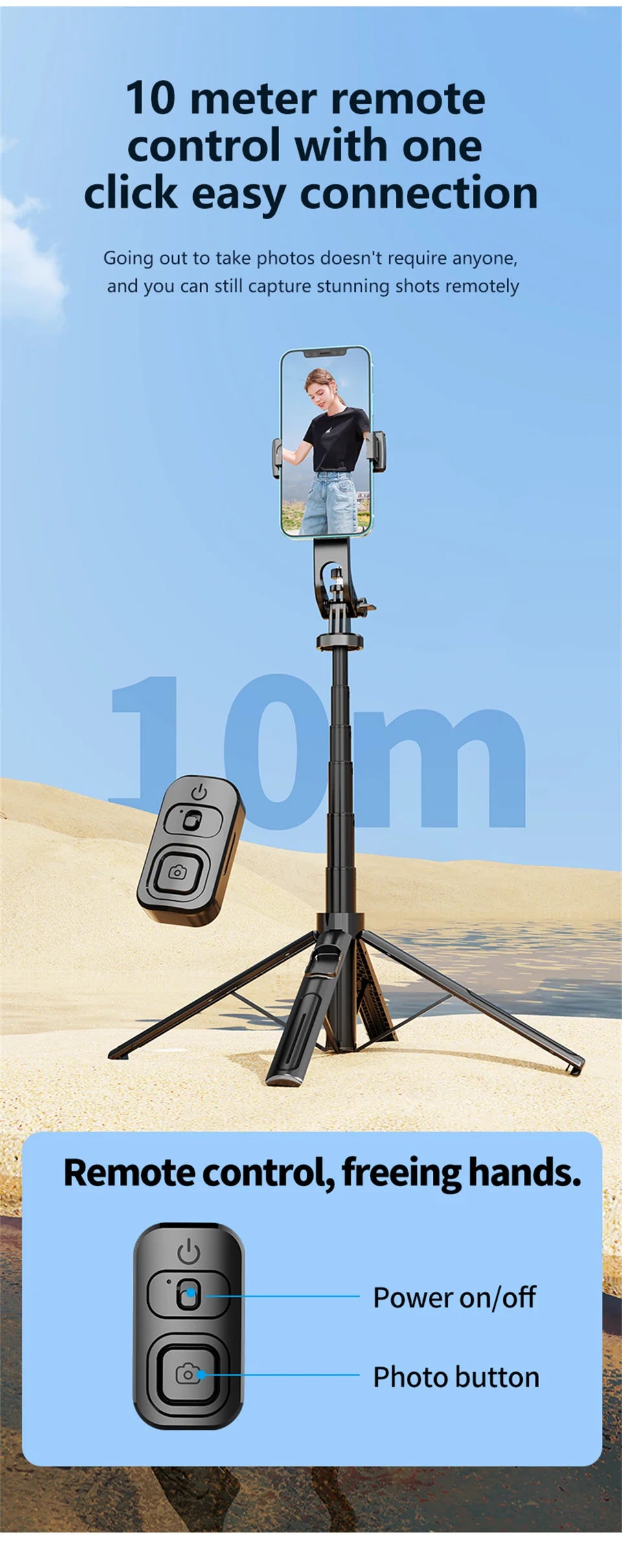 K27 1.3m Bluetooth Selfie Stick with Quad-Pod & Remote