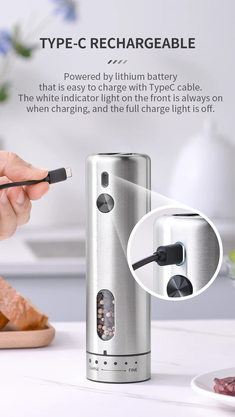 FLYMUYU Electric Salt & Pepper Grinder – Rechargeable Stainless Steel Spice Mill with Adjustable Coarseness & LED Light