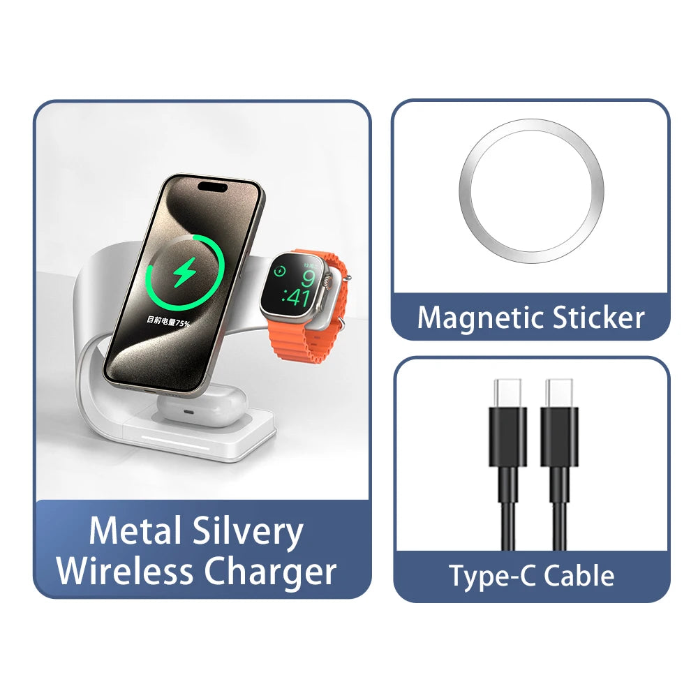 4-in-1 Metal Magnetic Wireless Charger 15W for iPhone, Watch & AirPods