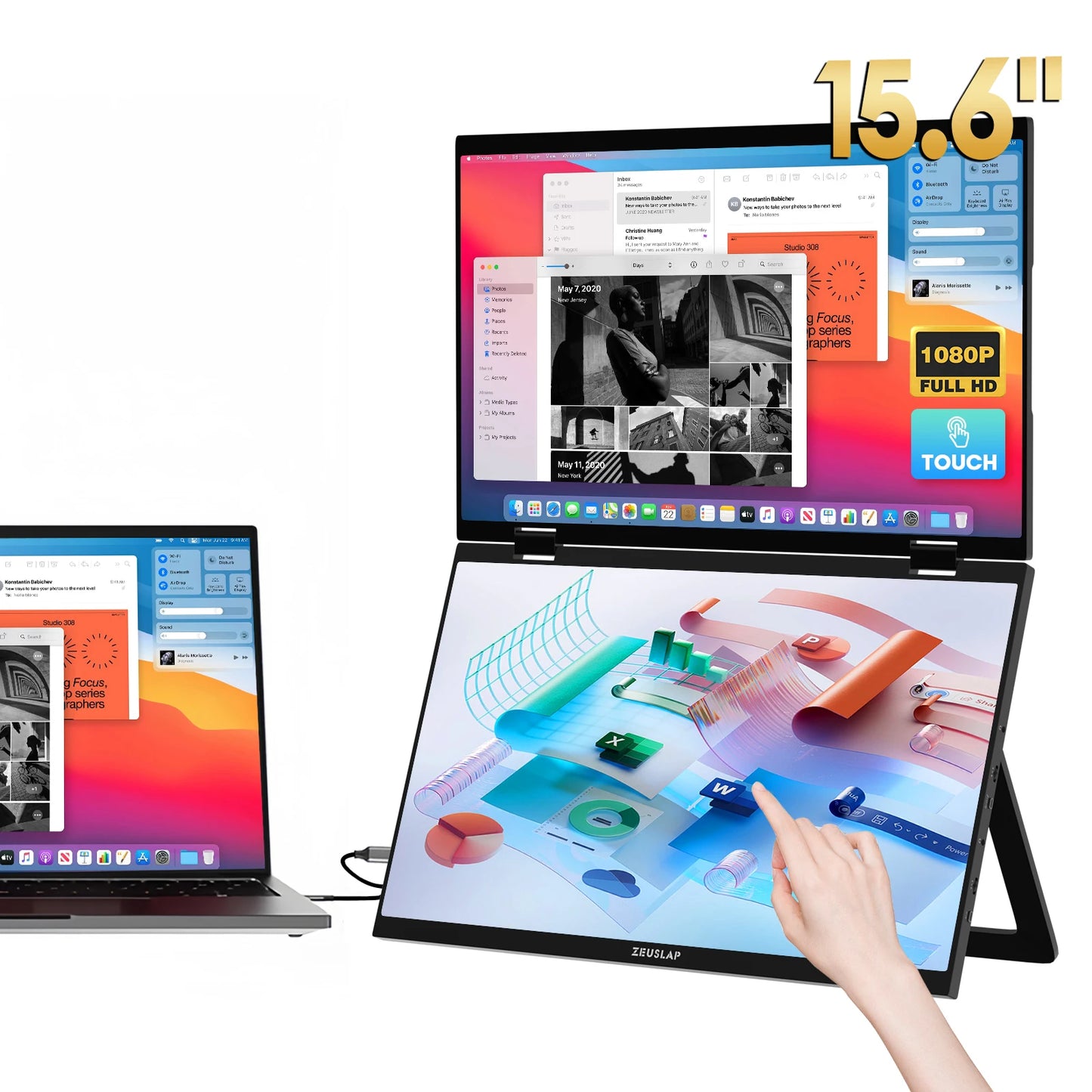 ZEUSLAP Z15WT 15.6″ Dual Touch Portable Monitor | Foldable Laptop Screen Extender | FHD IPS HDR10 | Thunderbolt USB-C