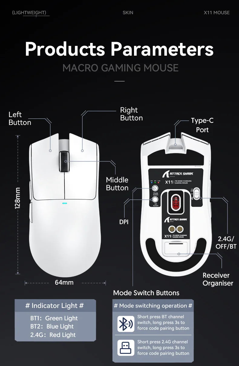 Attack Shark X11 Triple-Mode Wireless Gaming Mouse – PAW3395, 22,000 DPI, Magnetic Charging Dock
