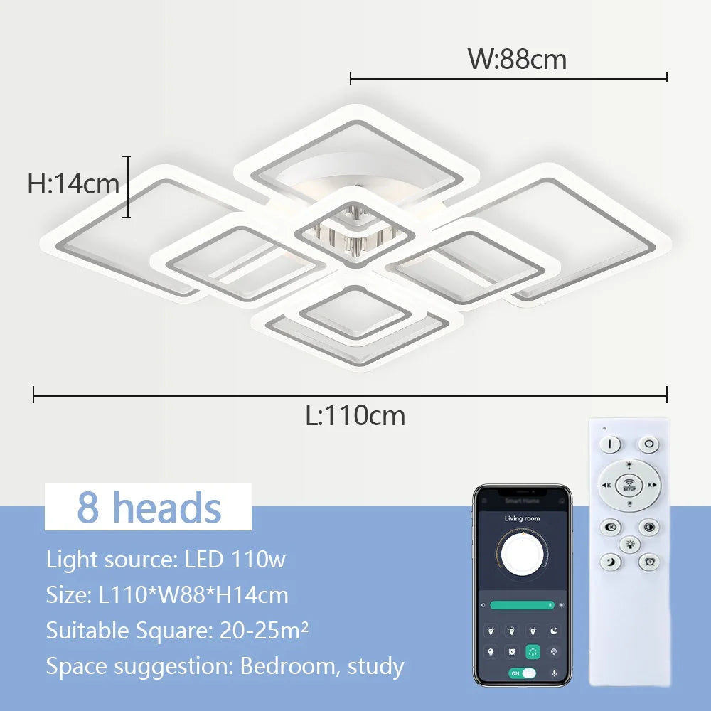 Jelena Modern Square LED Ceiling Lamp | Smart Dimming, 4–10 Head Options