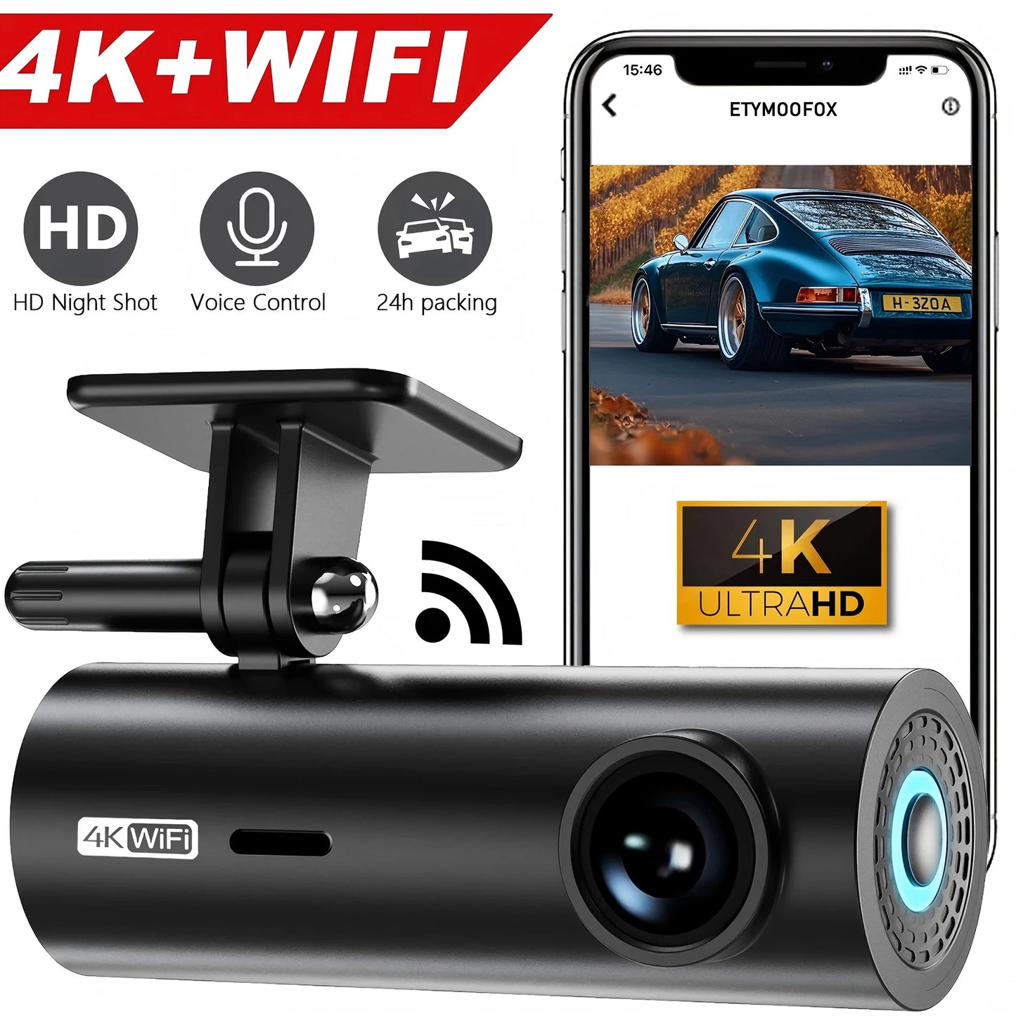 etymoofox 4K Mini Dash Cam – Ultra HD WiFi Car DVR with Night Vision & Parking Monitor
