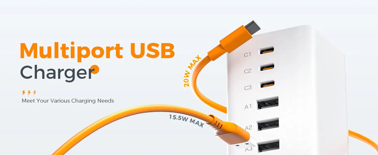 65W Multi-Port USB Charging Station – GaN Fast Charger with 3 USB-C + 3 USB-A (AU)