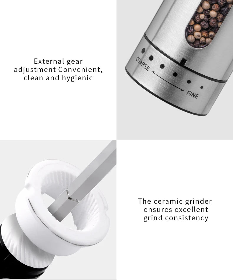 FLYMUYU Electric Salt & Pepper Grinder – Rechargeable Stainless Steel Spice Mill with Adjustable Coarseness & LED Light