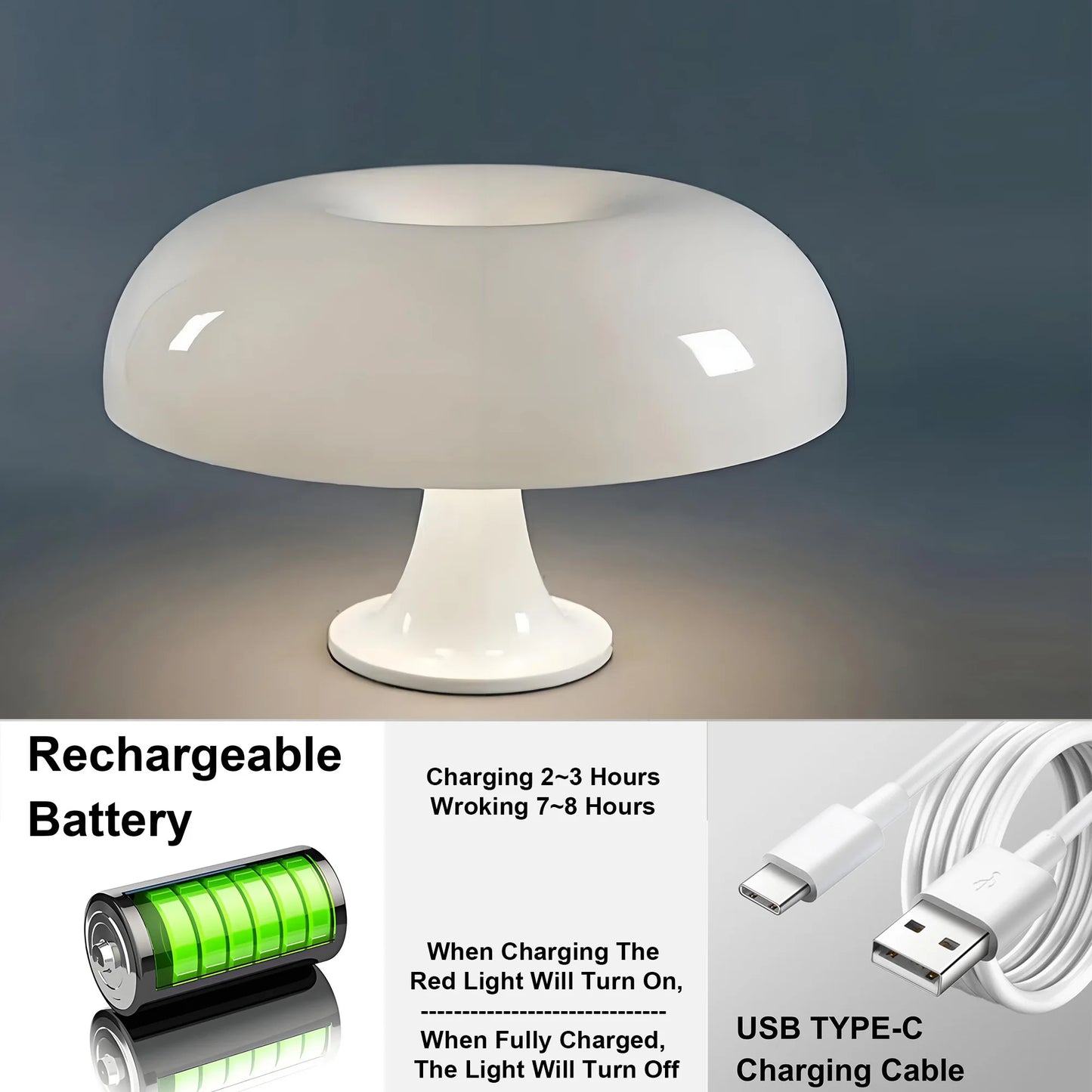 Topwinson Mushroom Night Lamp | Tri-Color Ambient Light with USB-C Charging