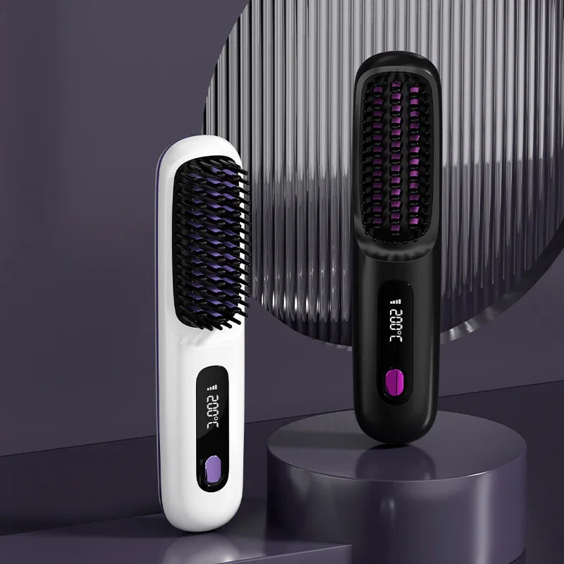 Cordless LCD Hair Straightener Comb – USB Rechargeable, Portable Anti-Scald Styling Brush