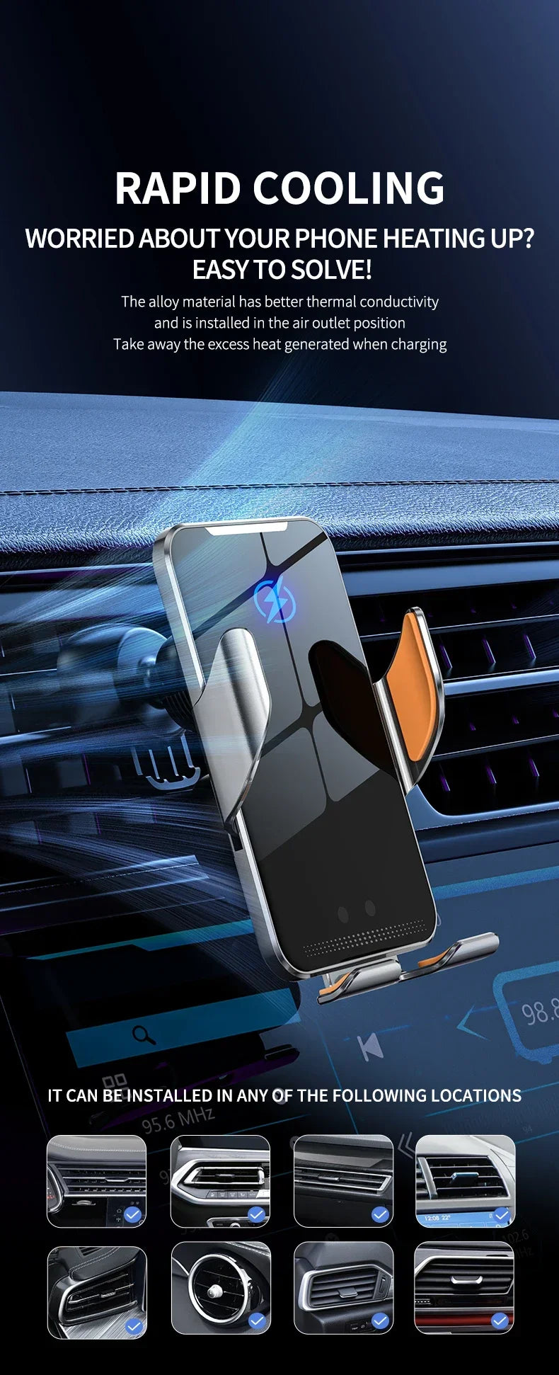 VIKEFON Qi Wireless Car Charger – One-Hand Auto Clamp with Cooling Fan