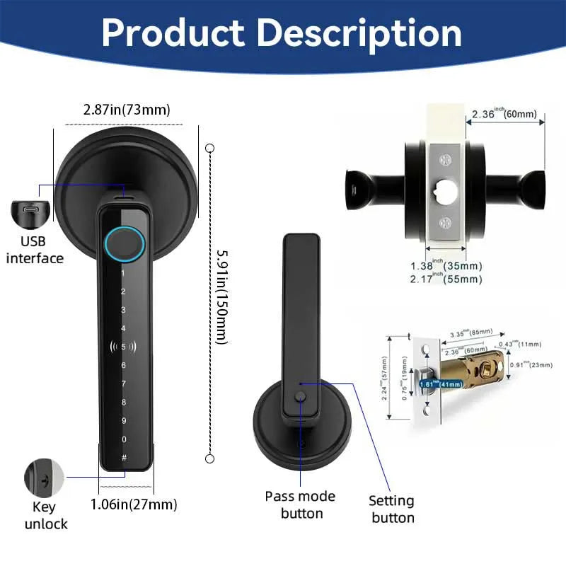 ZSF3 Smart Fingerprint Door Lock – Tuya Bluetooth App, Password & Key Unlock