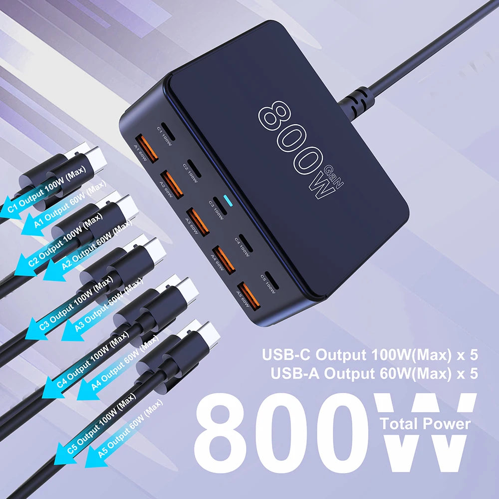 BK-123D 800W GaN Fast Charger – Multi-Port USB-C 100W PD for Laptops & Phones